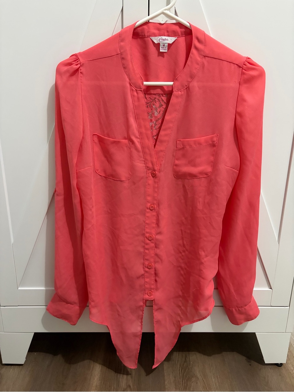 Candie's Coral Button-Front Long Sleeve Blouse